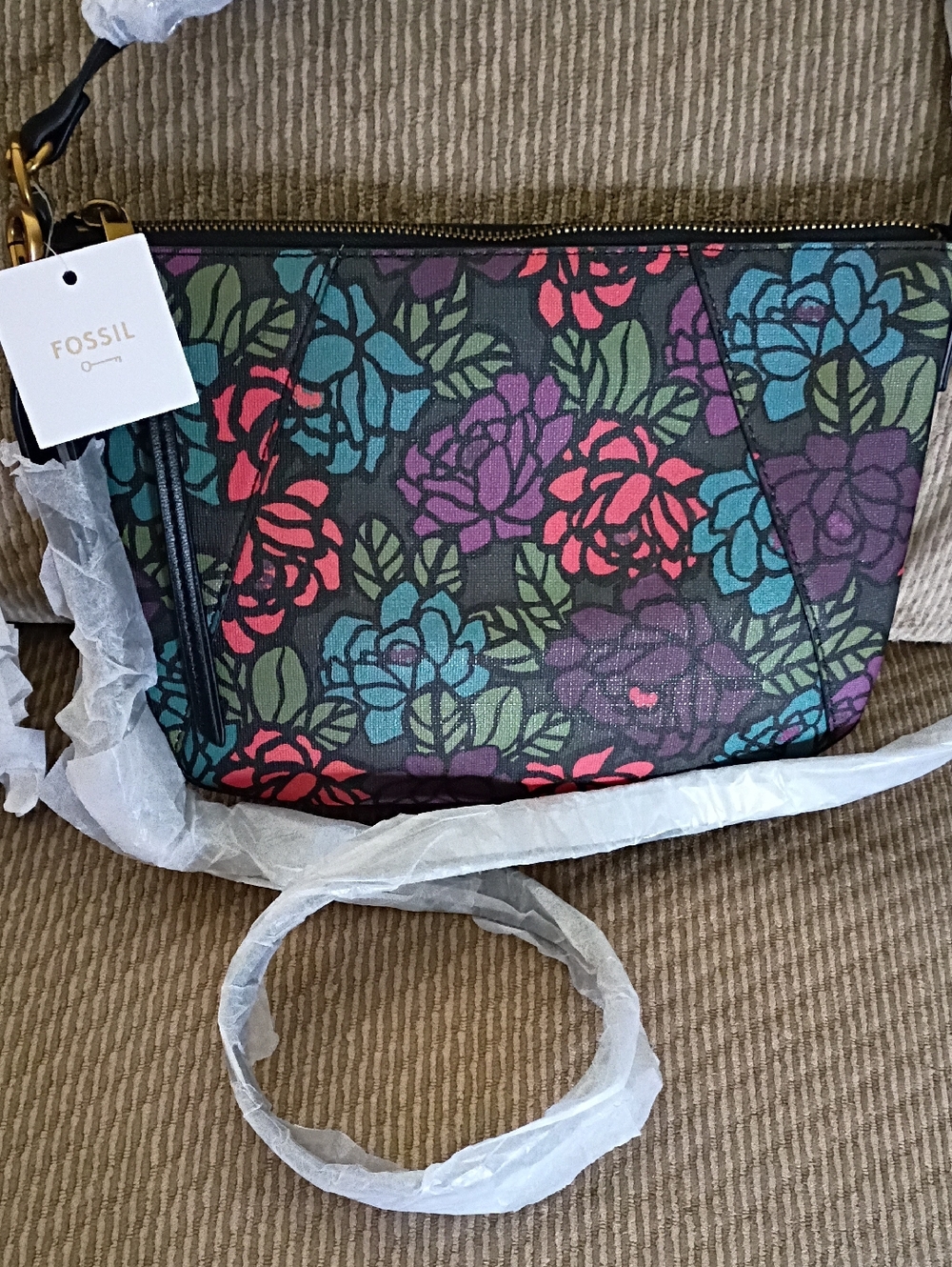 Fossil Floral Crossbody Bag - Black with Pink, Teal & Purple Roses